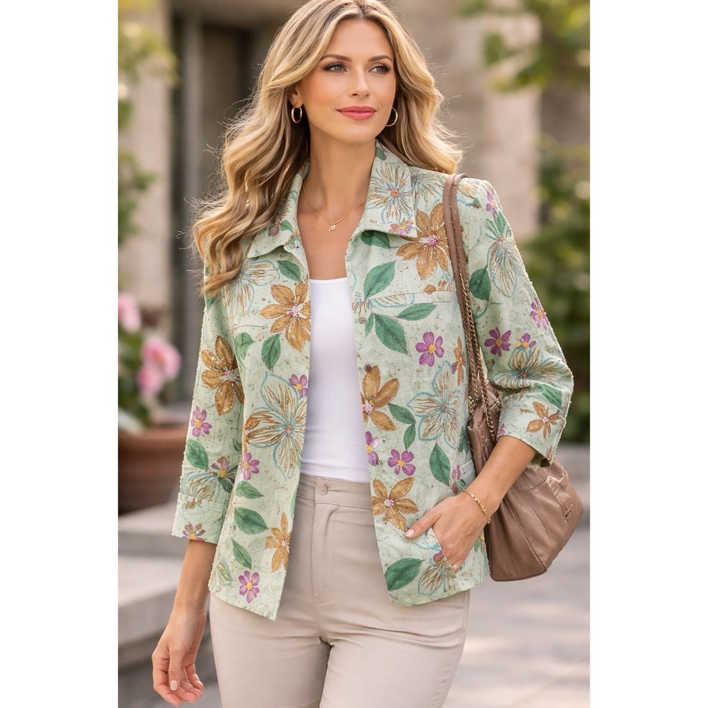 Emma James Linen Floral‎ Jacket 18WP Petite Plus Embroidered Beaded Mint Blazer